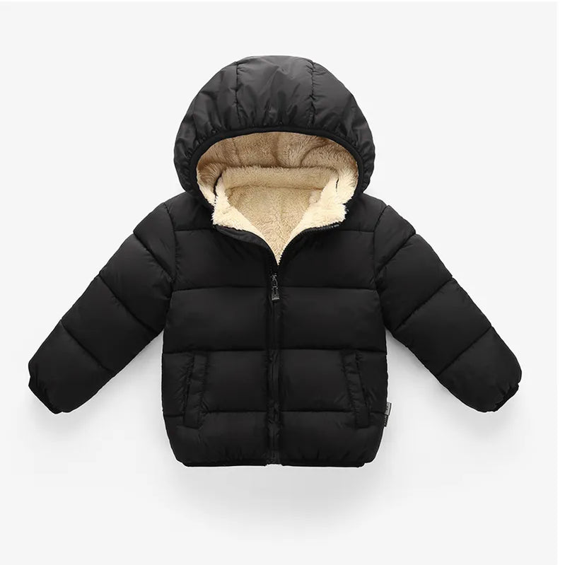 Baby Children Coats Winter Thick Jackets For Boys Warm Plush Thicken Outerwear For Girls Fur Hooded Jacket Kids Clothes Snowsuit black