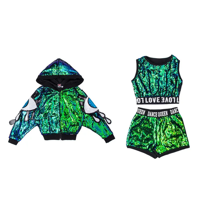 Sequin Kids Ballroom Dance Costume Crop Top Dancing Short Pant Girls Hip Hop Hoodie Jazz Dance Coat Fashion Dancewear Clothing