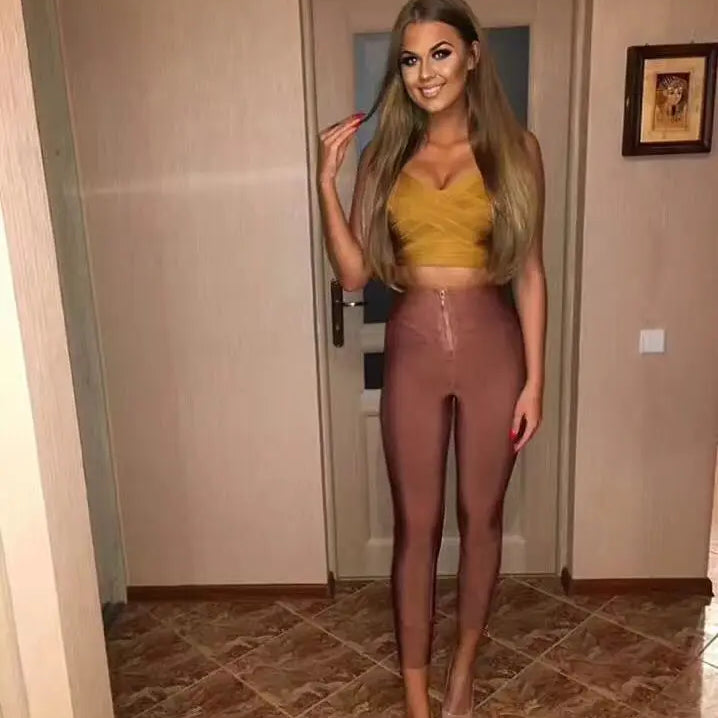 Calça feminina de inverno, promoção, sexy, com zíper nas costas, preta e branca, estilo bandagem, 2020, designer, justa, elástica, calça lápis feminina