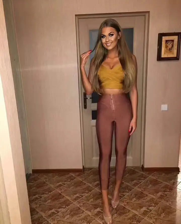 Calça feminina de inverno, promoção, sexy, com zíper nas costas, preta e branca, estilo bandagem, 2020, designer, justa, elástica, calça lápis feminina