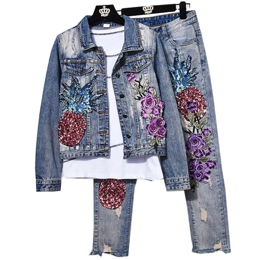 two pieces sets spring new fashion women hole pineapple sequin embroidery flower denim jacket+skinny jeans