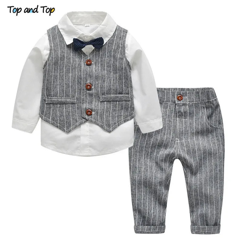 Top and Top Fashion Autumn Infant Clothing Set Kids Baby Boy Suit Gentleman Wedding Formal Vest Tie Shirt Pant 4Pcs Clothes Sets GRAY