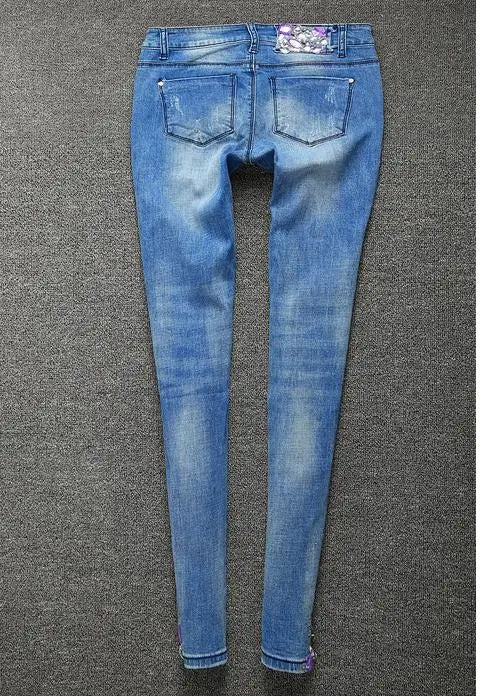 Women Silver Jeans with Rhinestones Sequins Jeans with Crystal Diamond Skinny Pencil jeans