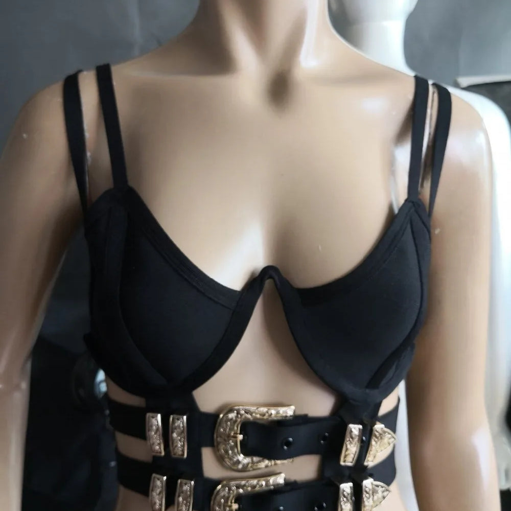 Celebridade Preto Vermelho Branco Sem Mangas Botão Curto Bandagem Top Bodycon Sexy Top Wear