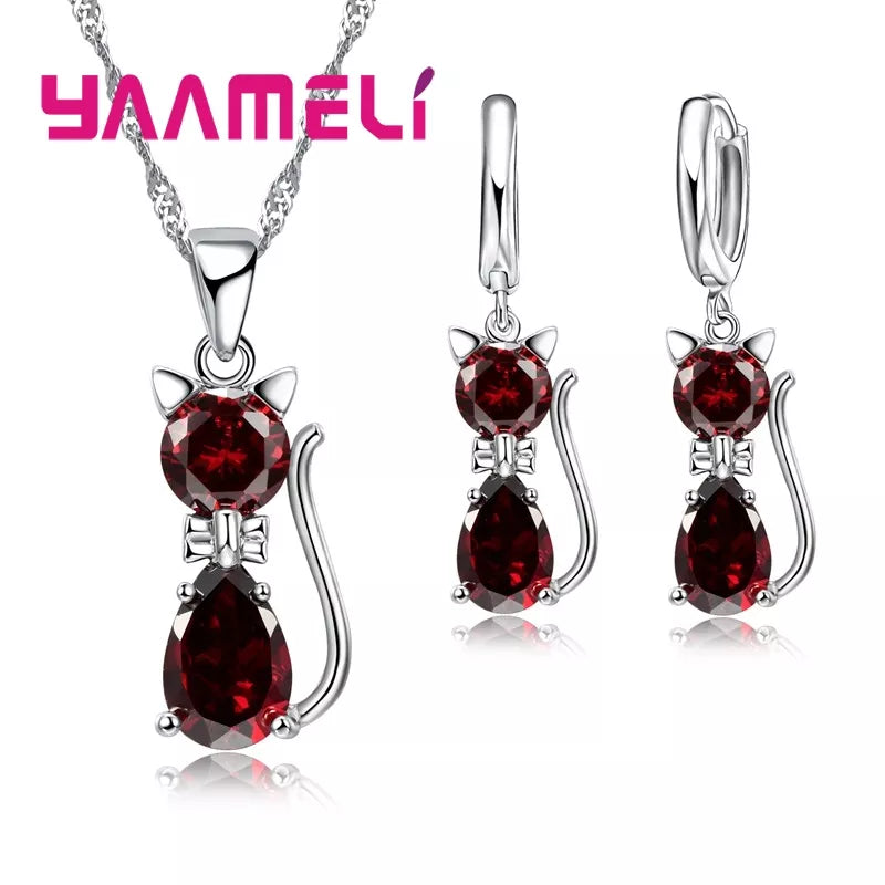 925 Sterling Silver Color Jewelry Sets for Woman Girls Shining Austrian Crystal Cute Cat Pendant Necklace Huggie Earring Red