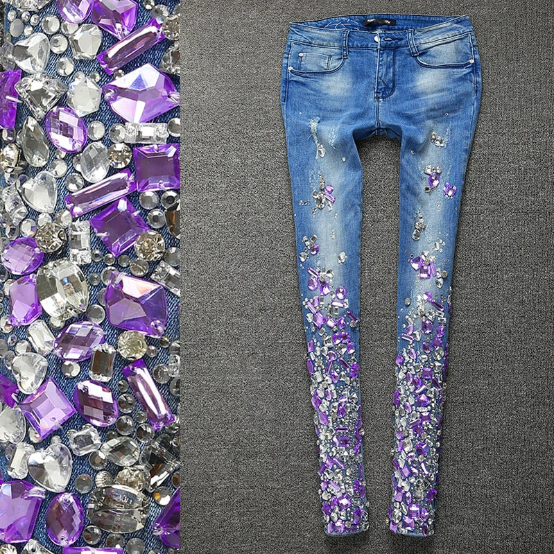 Women purple Rhinestones Sequins Jeans with Crystal Diamond Skinny Pencil jeans 25-30