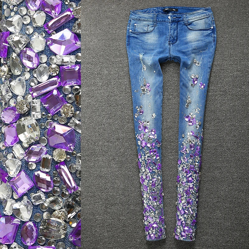 Women purple Rhinestones Sequins Jeans with Crystal Diamond Skinny Pencil jeans 25-30