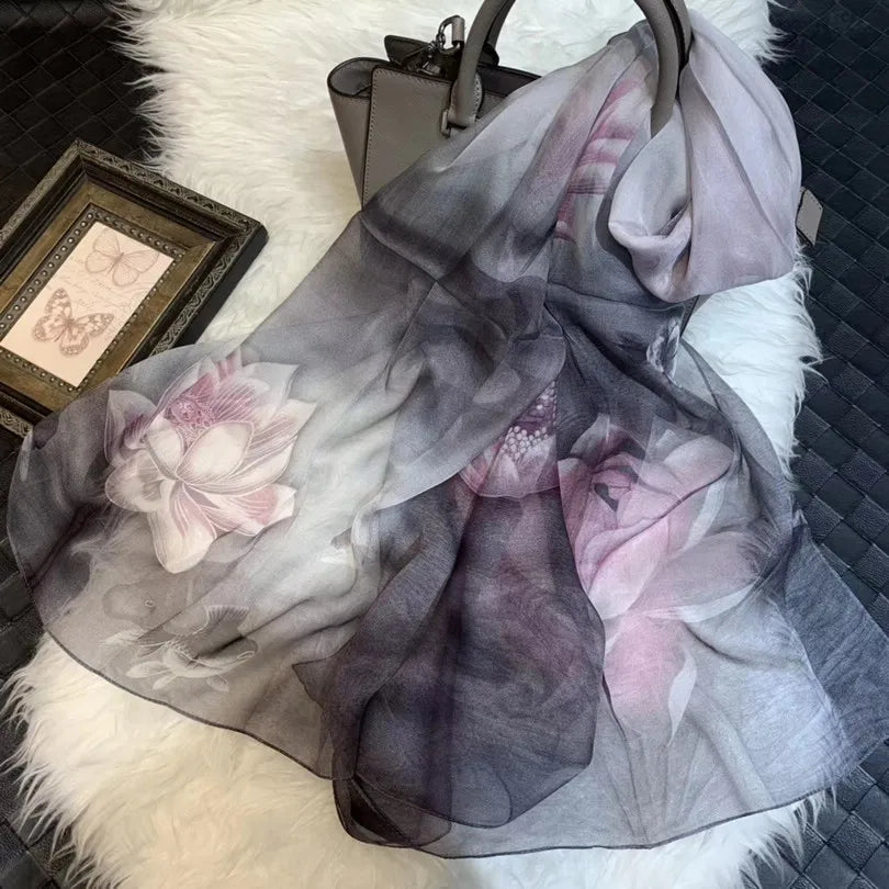 [BYSIFA] White 100% Silk Scarf Cape Fashion Floral Design Long Scarves Women Summer Utralong Beach Shawl Winter Scarves180*110cm grey pink lotus