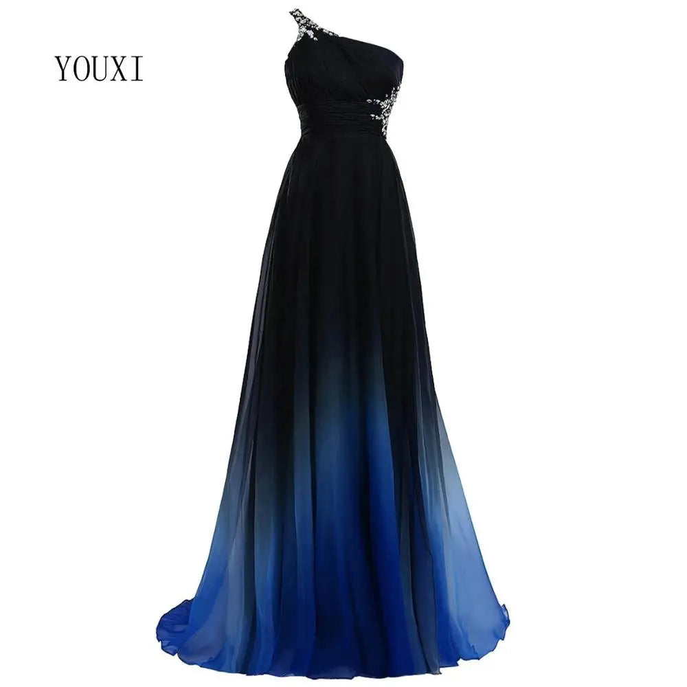 Sexy Criss-Cross Back One Shoulder Ombre Blue Black Red Chiffon Long Prom Dresses Formal Party Gowns Blue