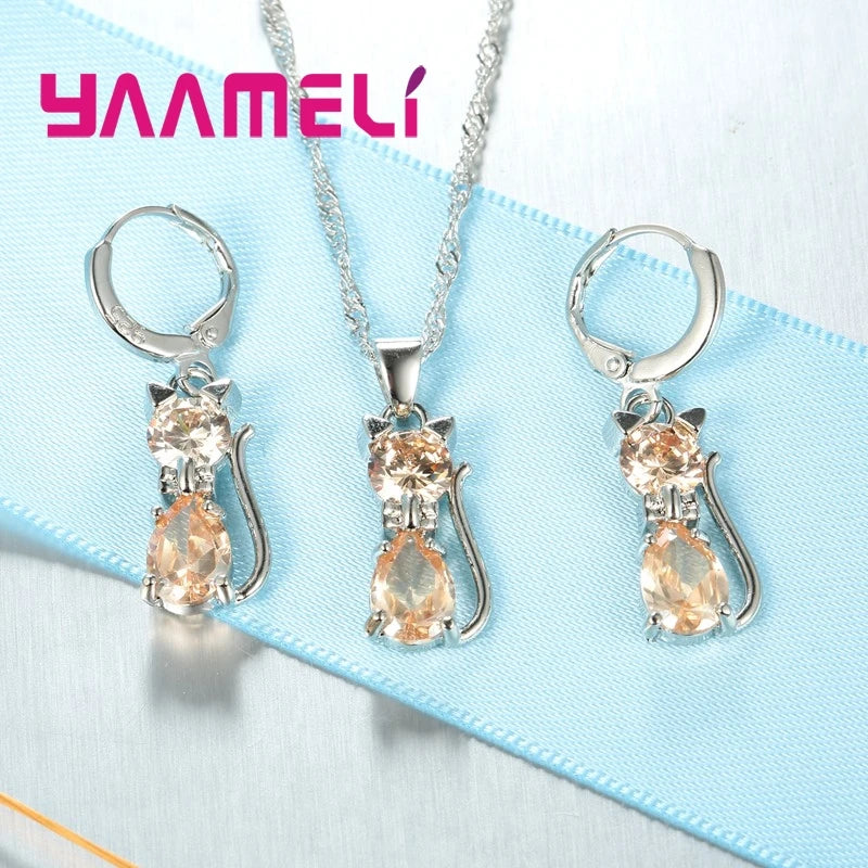 925 Sterling Silver Color Jewelry Sets for Woman Girls Shining Austrian Crystal Cute Cat Pendant Necklace Huggie Earring