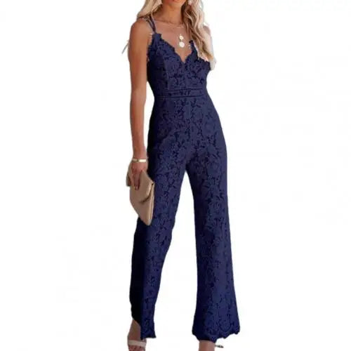 Solid Lace Jumpsuits Women Sleeveless Romper High Waist V-Neck Wide Leg Playsuits and Jumpsuit Women bodysuit Combinaison femme Navy Blue