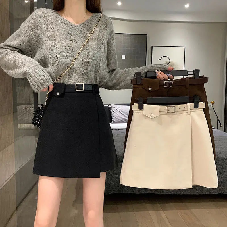 With Belt Autumn and Winter High Waist A- line Skirt Black Skirt for Women Woman Skirts Faldas Jupe