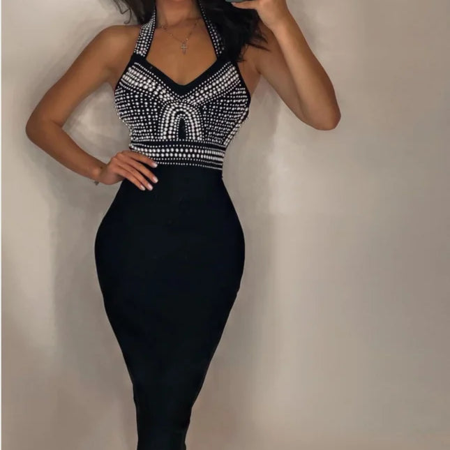 Khaki Black Mantual Beading Rayon Bandage Dress Elegant Cocktail Party Dress Vestidos