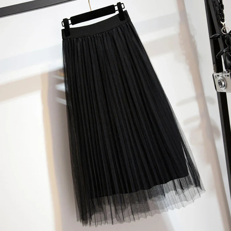 Women's Tulle Plain Pleated Skirt 2019 New Fashion Black Beige White Pink Grey Mesh Midi Skirt High Waist Woman Skirts 3 Layers