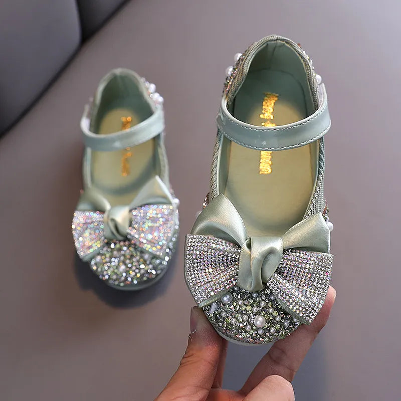 Children Leather Shoes Rhinestone Bow Princess Girls Party Dance Shoes Baby Student Flats Kids Performance Shoes 2088green