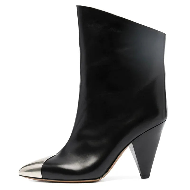 Women Ankle Boots Autumn Winter New High Heel Cowhide Pointed Toe Fashion Ladies Shoes Spike Heels Iron-toed Sexy Botines Mujer black