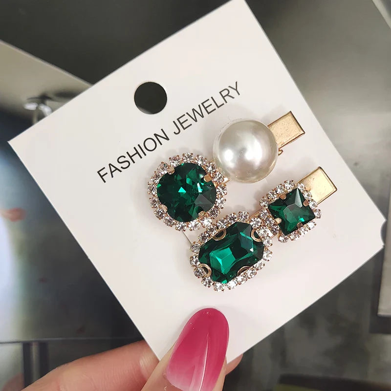 Set Women Hair Clips Jewelry Fashion Crystal Hair Accessories For Girls Luxury Pearl Geometric Barrettes Pins Christmas Gift 2pcs-dark green