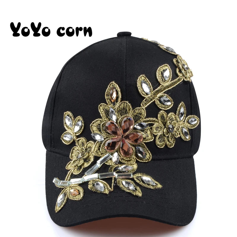 YOYOCORN Baseball Cap With Flower Canvas Snapback Caps For Women Female Cap Hat High Quality Rhinestone Denim Cap