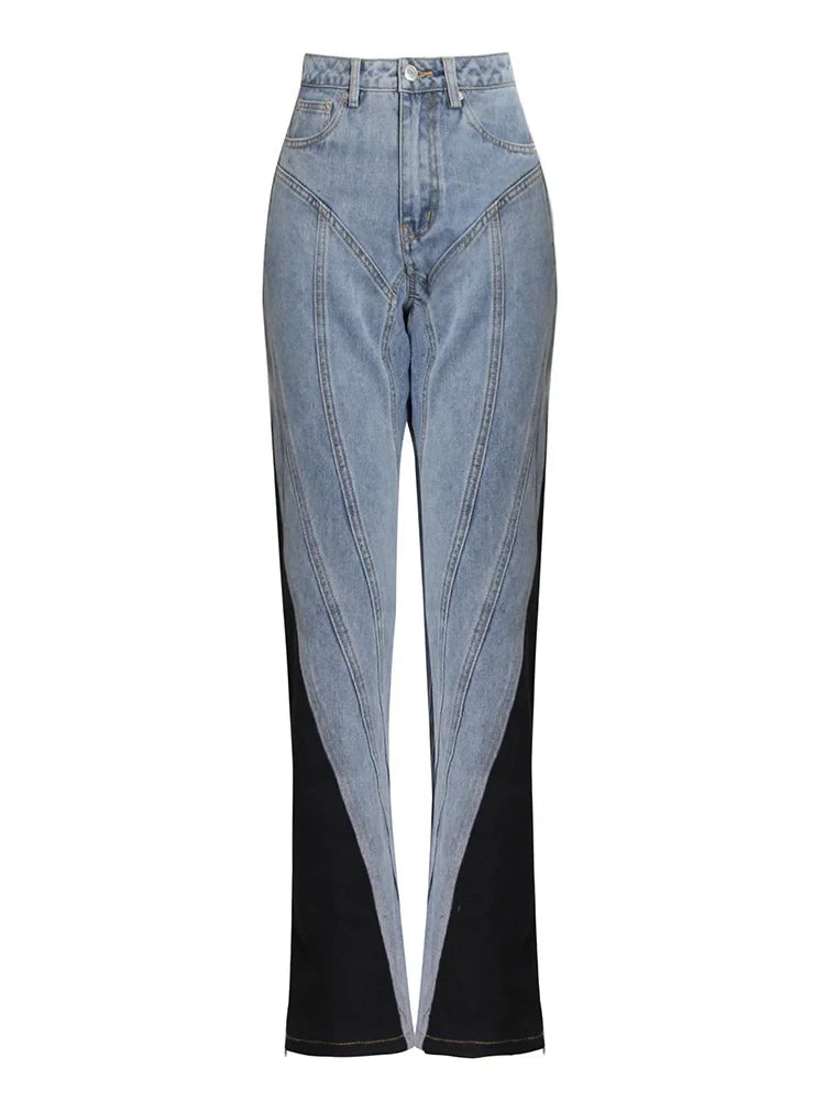 TWOTWINSTYLE Hit Color Patchwork Denim Two Piece Sets Women Long Sleeve Coat Jacket Female High Waist Pencil Pants Jeans 2022