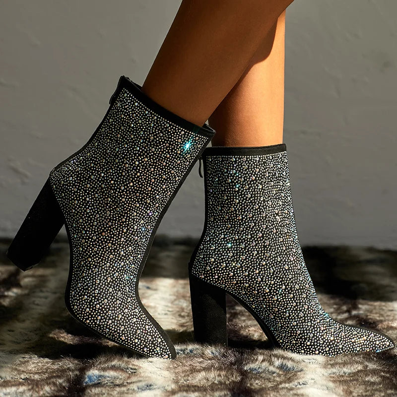 Women Crystal Ankle Boots Sexy 11cm High Heels Diamond Lady Chunky Boots Short Fall Fetish Stripper Booties Colorful Shoes