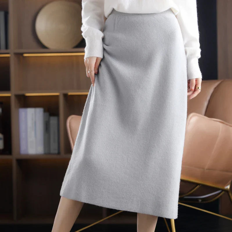 Autumn Winter New 100%Pure Wool Knit Long Skirt Women Casual Thick Korean High Waist Pack Hip Cashmere Wild A-Line Skirt Light green