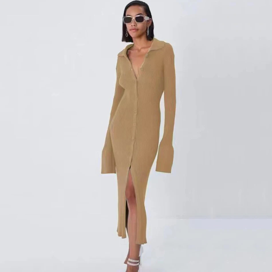 2025  Autumn Bodycon Dress Sweater Knitted Green Women Sexy Midi Split V Neck Long Sleeve Casual Dresses Party Vestidos