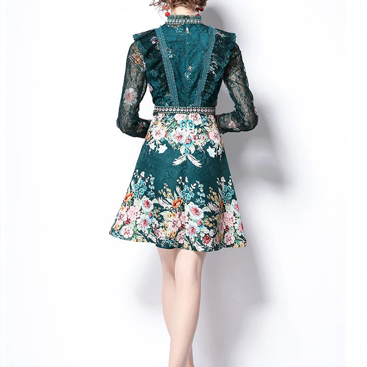 Spring Fashion Runway Flower Jacquard Dress Women's Beading Stand Long Sleeve Ruffles Lace Stitching Vintage Party Vestidos