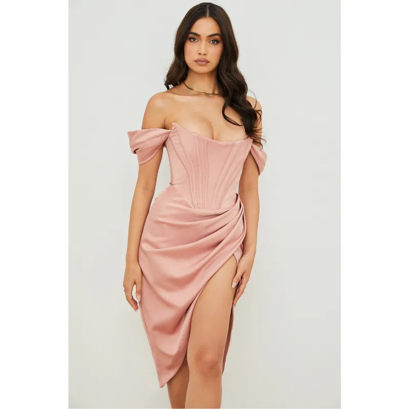 Peling Fashion Evening Dress for Women Off Shoulder Sexy Party Club Dress Split Ruched Bodycon Autumn Robe Wedding Dress Vestido Pink