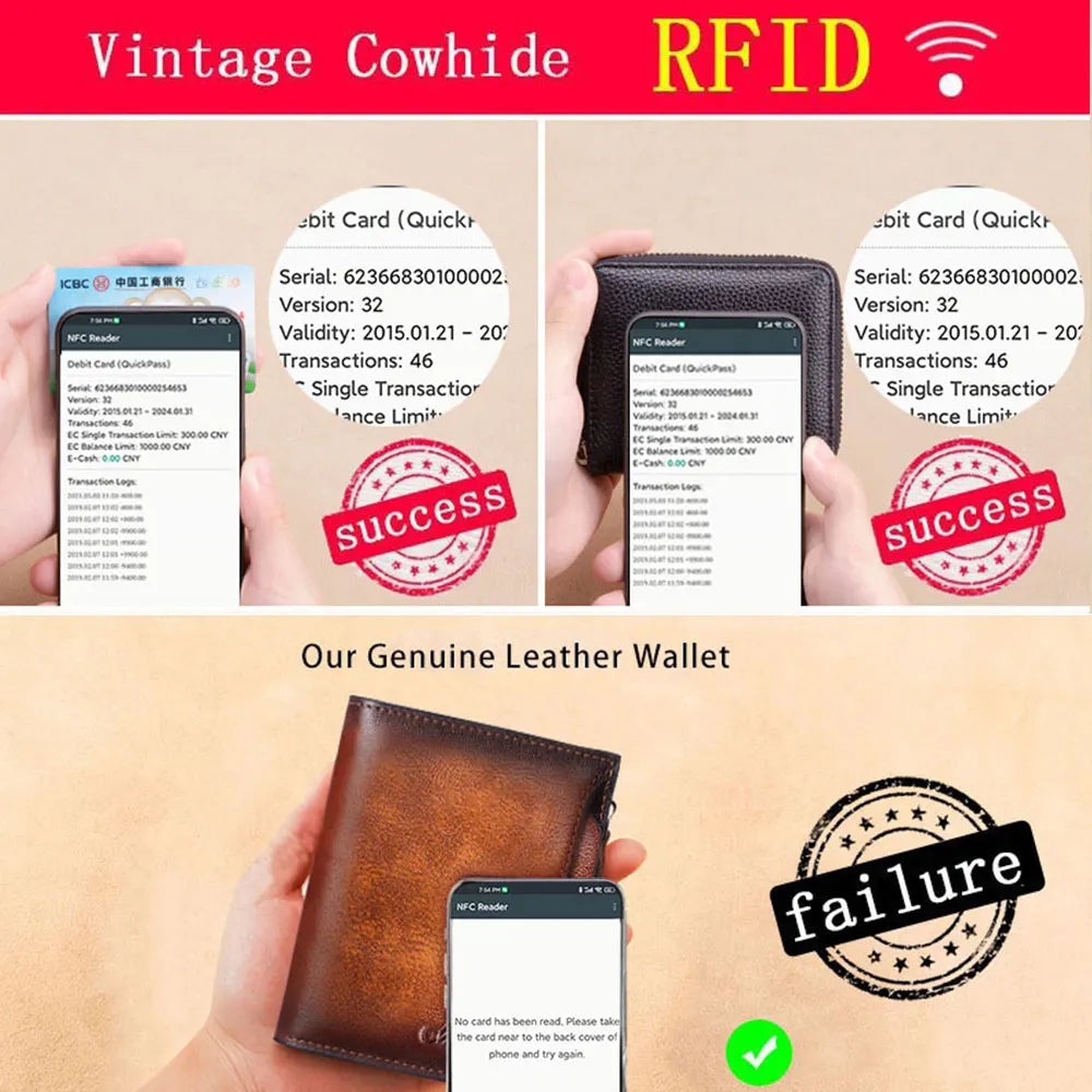 Men's Leather Wallet Vintage Short Multi Function Business Card Holder RFID Blocking Zipper Coin Pocket Money Clip