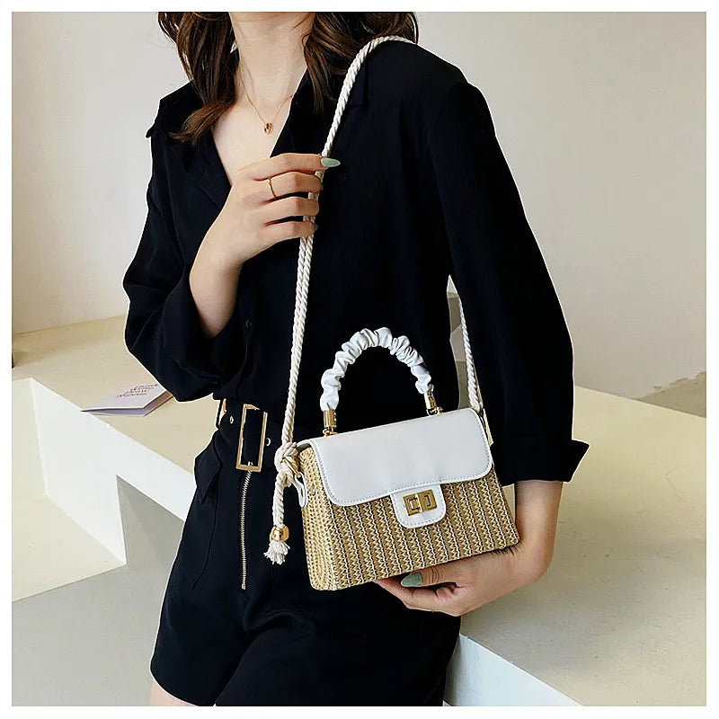 Straw Beach Bag for Women 2024 Summer Pleated Handle Luxury Designer Bag Contrast Color Crossbody Purse and Handbag Lady Bolsos