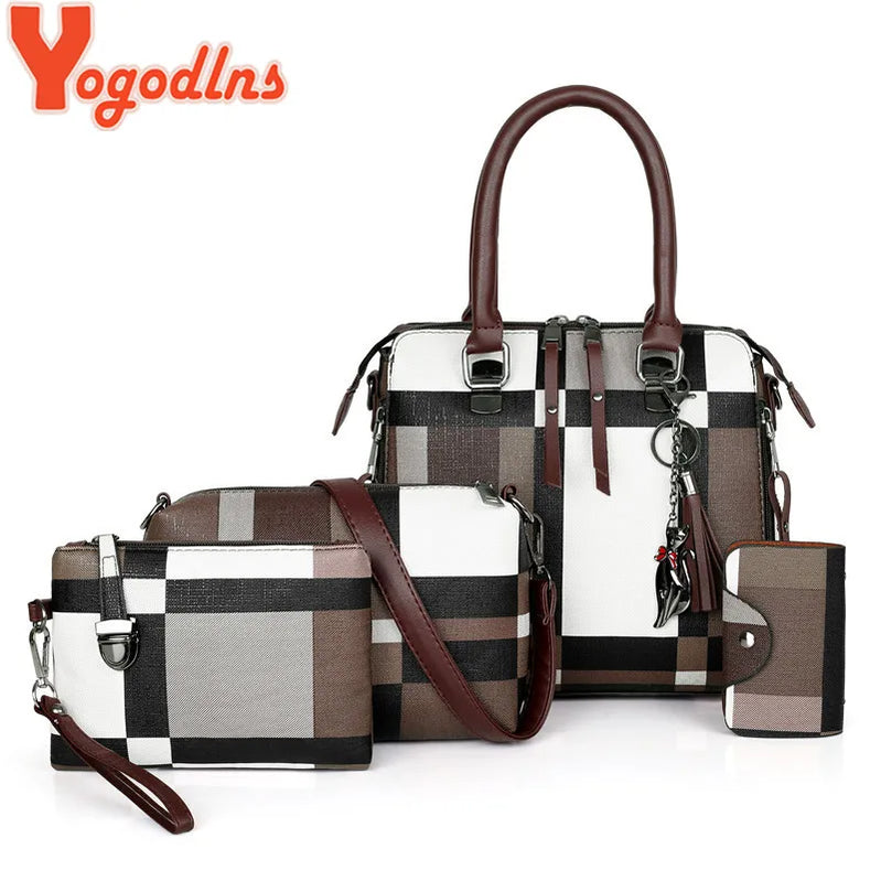 Yogodlns sacs à main de luxe plaid femmes sacs concepteur nouveau gland sacs à main et sacs à main ensemble 4 pièces sacs femme Feminina voyage fourre-tout 
