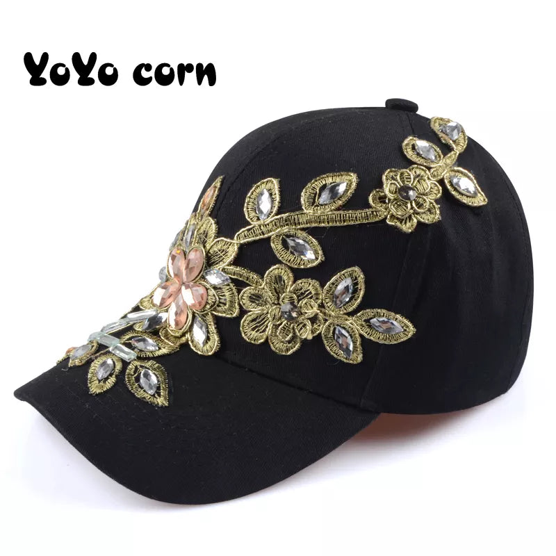 Baseball Cap With Flower Canvas Snapback Caps For Women Female Cap Hat Rhinestone Denim Cap