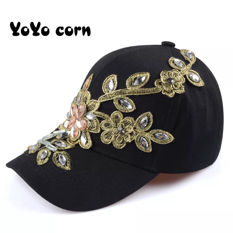 YOYOCORN Baseball Cap With Flower Canvas Snapback Caps For Women Female Cap Hat High Quality Rhinestone Denim Cap - Basso & Brooke