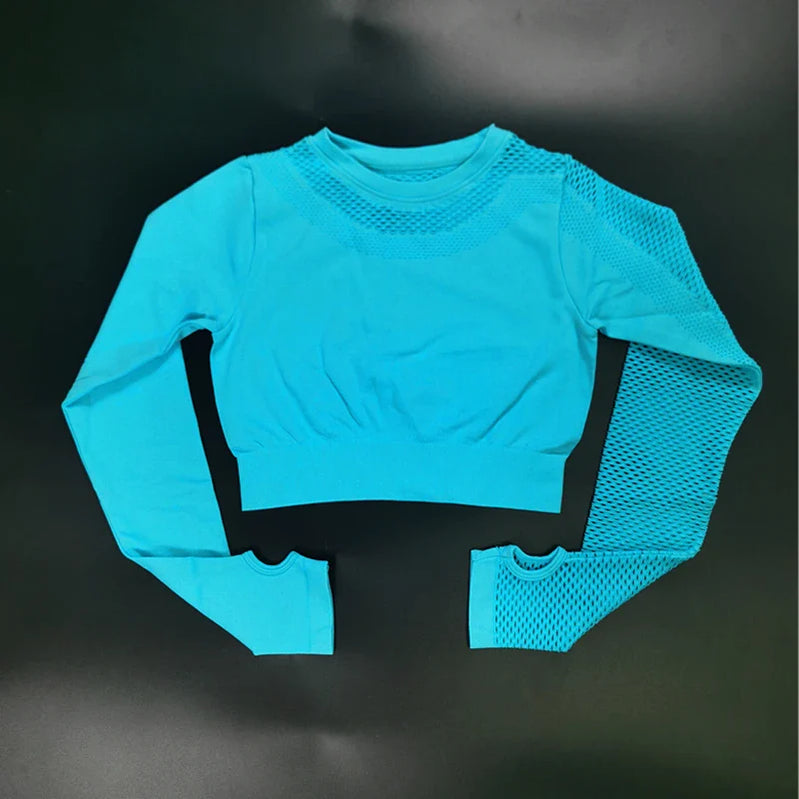 Seamless Yoga Set Sport Outfits Women 2pcs Two Piece Hollow Long Sleeve Crop top Leggings Workout Wear Gym Suit Fitness Sets Blue Top