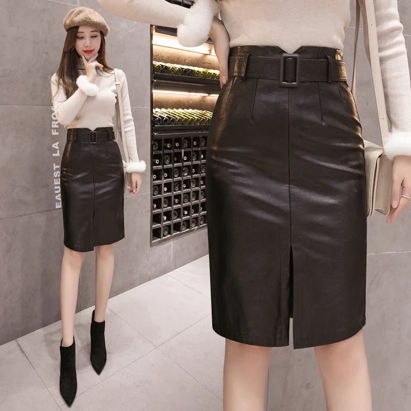 Front Split Pu Leather Skirts Womens Autumn Winter High Waist Midi Skirt Black Pencil Skirt Korean Elegant