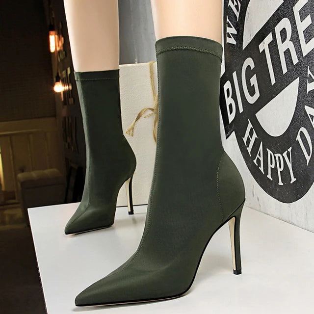 Mid-calf Boots Sexy Sock Boots Stretch High Heels Boots Fetish Women Shoes Autumn Winter Boots Stiletto Women Pumps 41 BE315-1-green