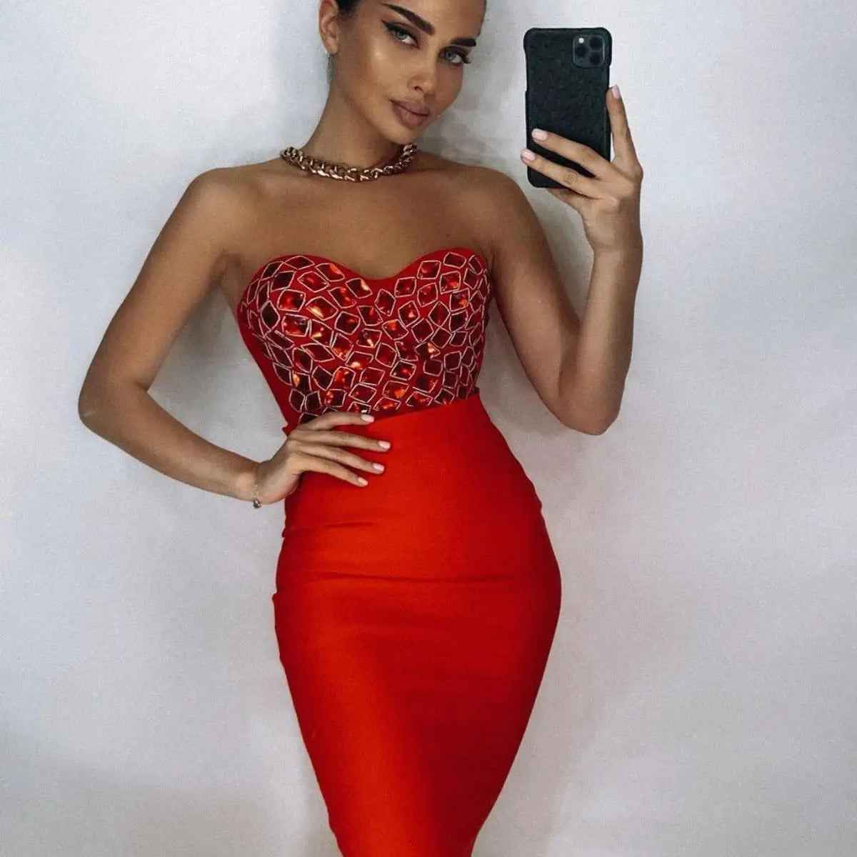 Red Mantual Beading Two Pieces Set Rayon Bandage Elegant Club Party Dress