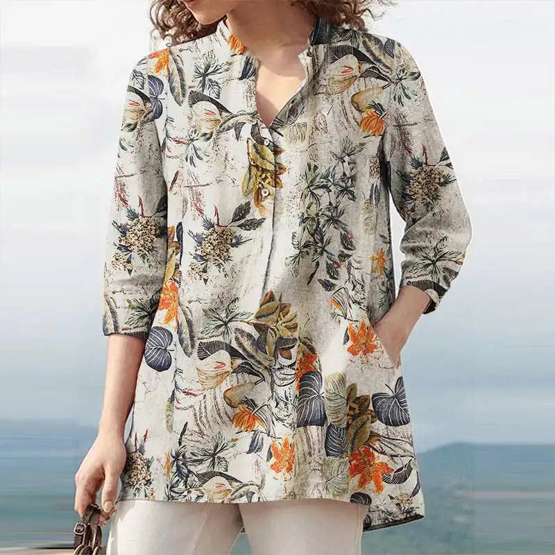 Floral Printed Blouse Oversized Women Casual V Neck 3/4 Sleeve Shirt Retro Maxi Cotton Tops Bohemian Work Female Blusas Yellow