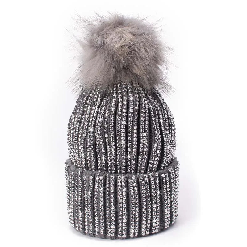 Winter Hats Faux Fur Pom Pom Rhinestone Bling Style Women Beanies Warm Knitted Skull Cap Gray
