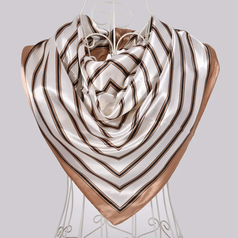 Ladies Green Coffee Square Scarves Printed Women Elegant Satin Large Silk Scarf Shawl 90*90cm Winter Neck Head Scarf khaki white striped