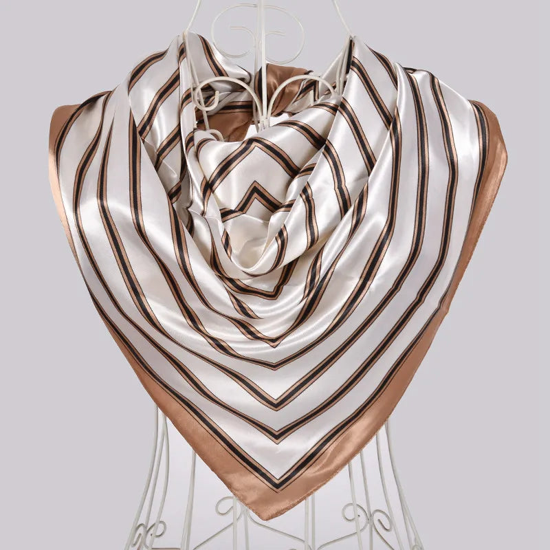 Ladies Green Coffee Square Scarves Printed Women Elegant Satin Large Silk Scarf Shawl 90*90cm Winter Neck Head Scarf khaki white striped
