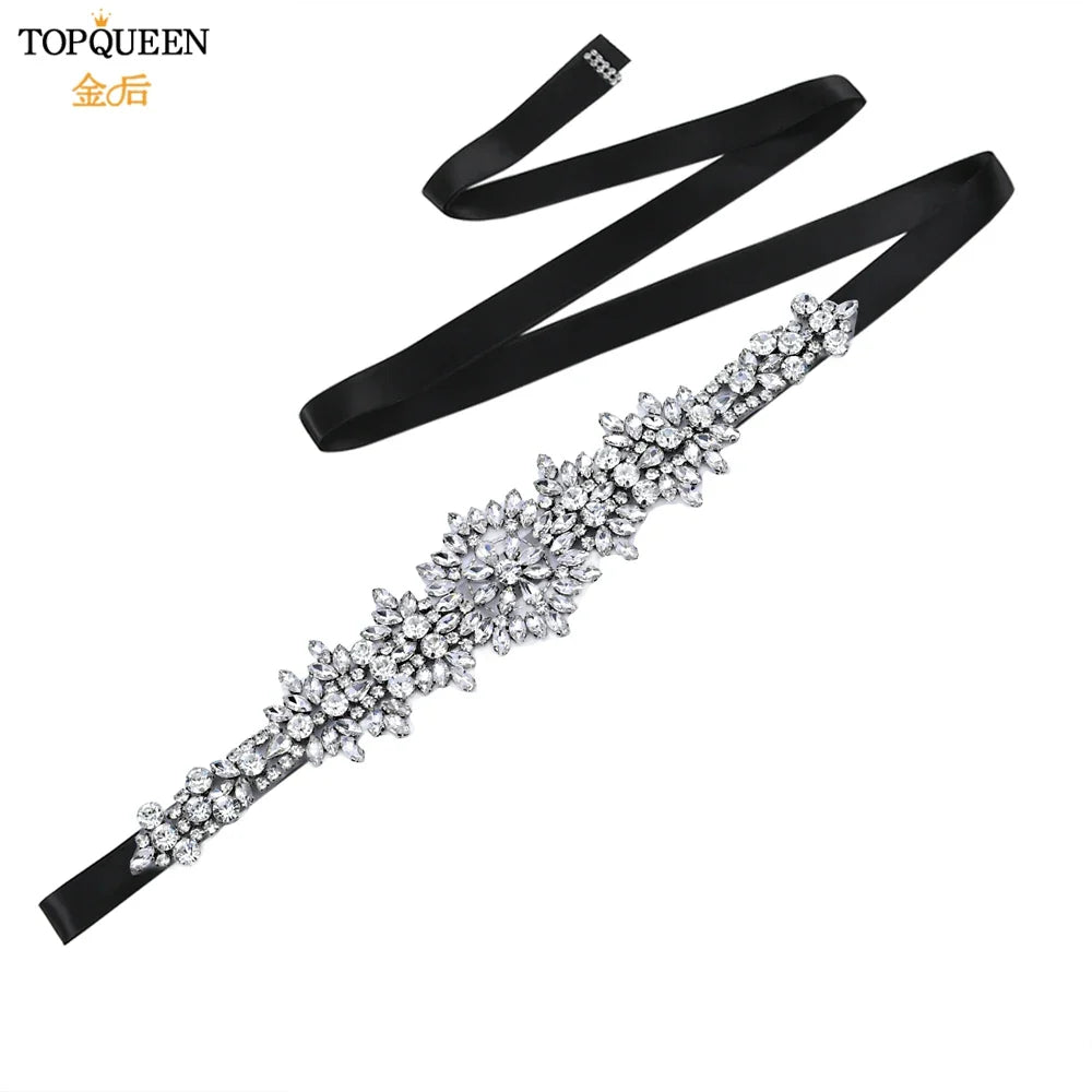 TOPQUEEN S319 Rhinestones Wedding Belt Sparkly Bride Dress Decorative Sash with Stone Jeweled Satin Ribbons Silver Gown Applique Black ribbon