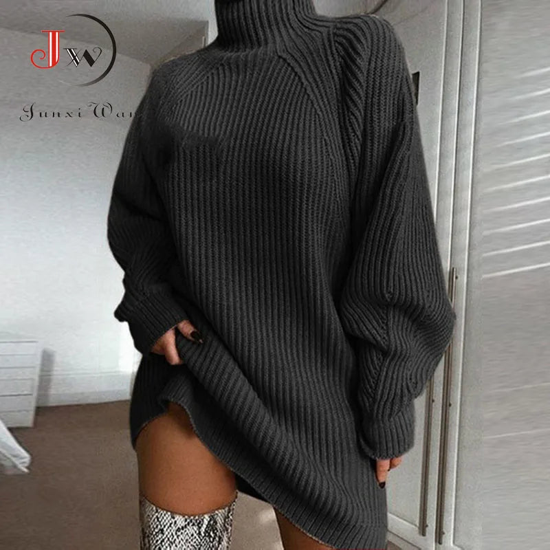 Women Turtleneck Oversized Knitted Dress Autumn Solid Long Sleeve Casual Elegant Mini Sweater Dress Winter Clothes Dark Grey