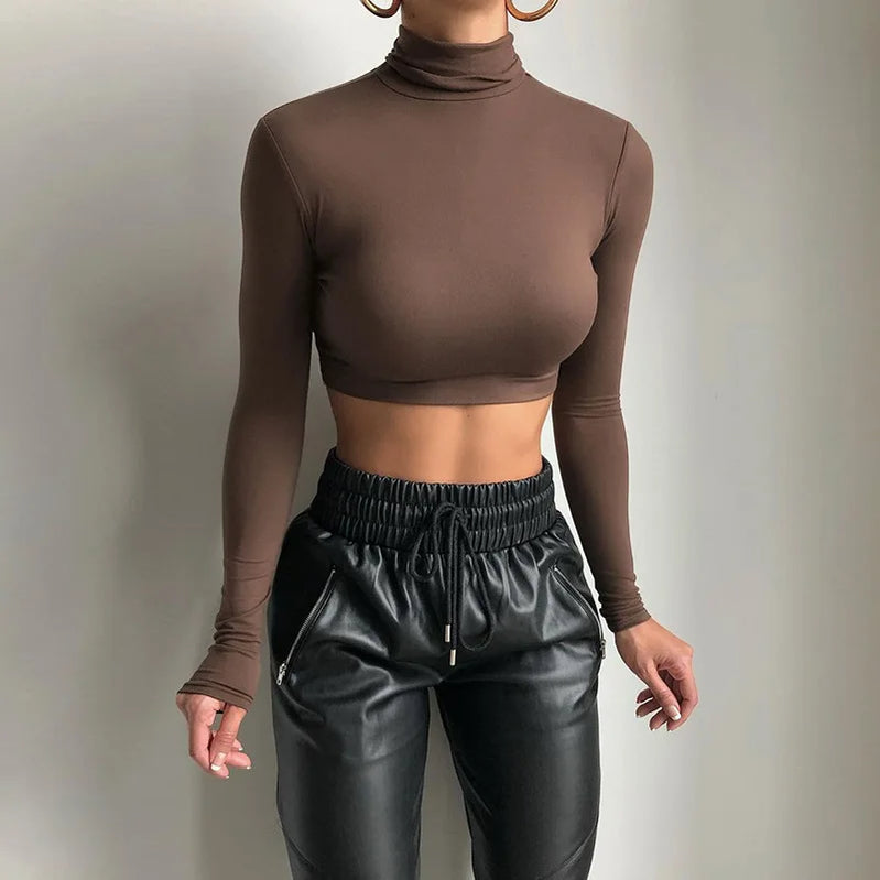 Basic Sheath Women Solid Turtleneck Tshirt Autumn Stretch Casual Undershirt Female All-match Street Activity Crop Tops Brown