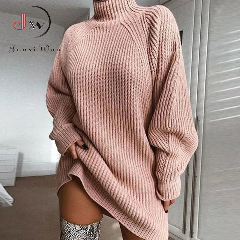 Women Turtleneck Oversized Knitted Dress Autumn Solid Long Sleeve Casual Elegant Mini Sweater Dress Winter Clothes Pink sweater dress