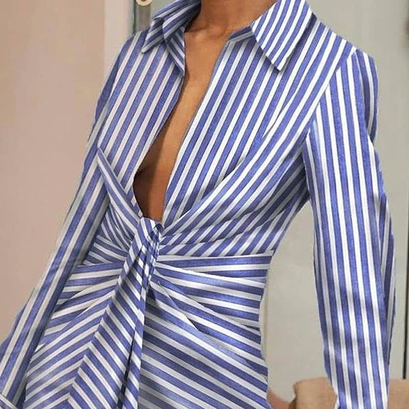 Women Elegant Turn-Down Collar Folds Party Dress Casual Striped Ladies Mini Shirt Dresses Autumn Long Sleeve Slim Fit Vestidos