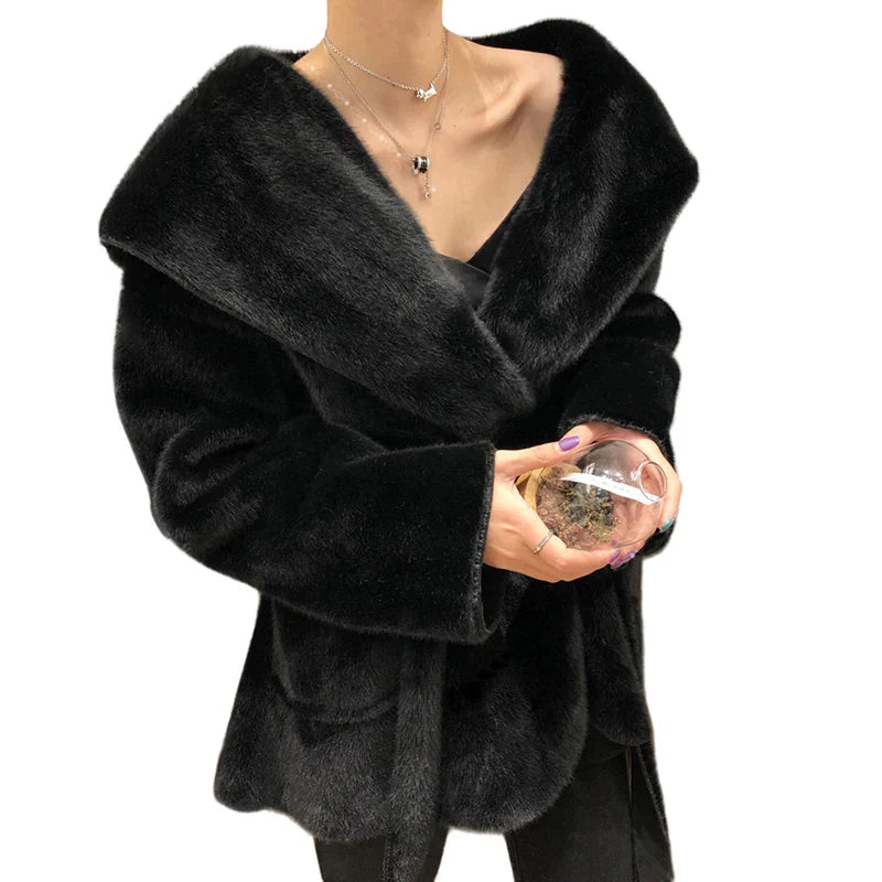 Winter Black Warm Oversized Faux Fur Cardigan Women Drop Shoulder Long Sleeve Sashes Loose Stylish Korean Fashion 2021