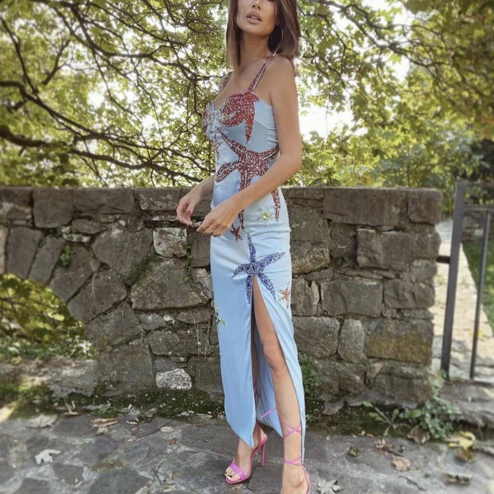 Women Summer Sexy Sleeveless Backless Blue Sequins Glitter Beading Midi Bodycon Dress 2021 Designer Evening Party Dress Vestido