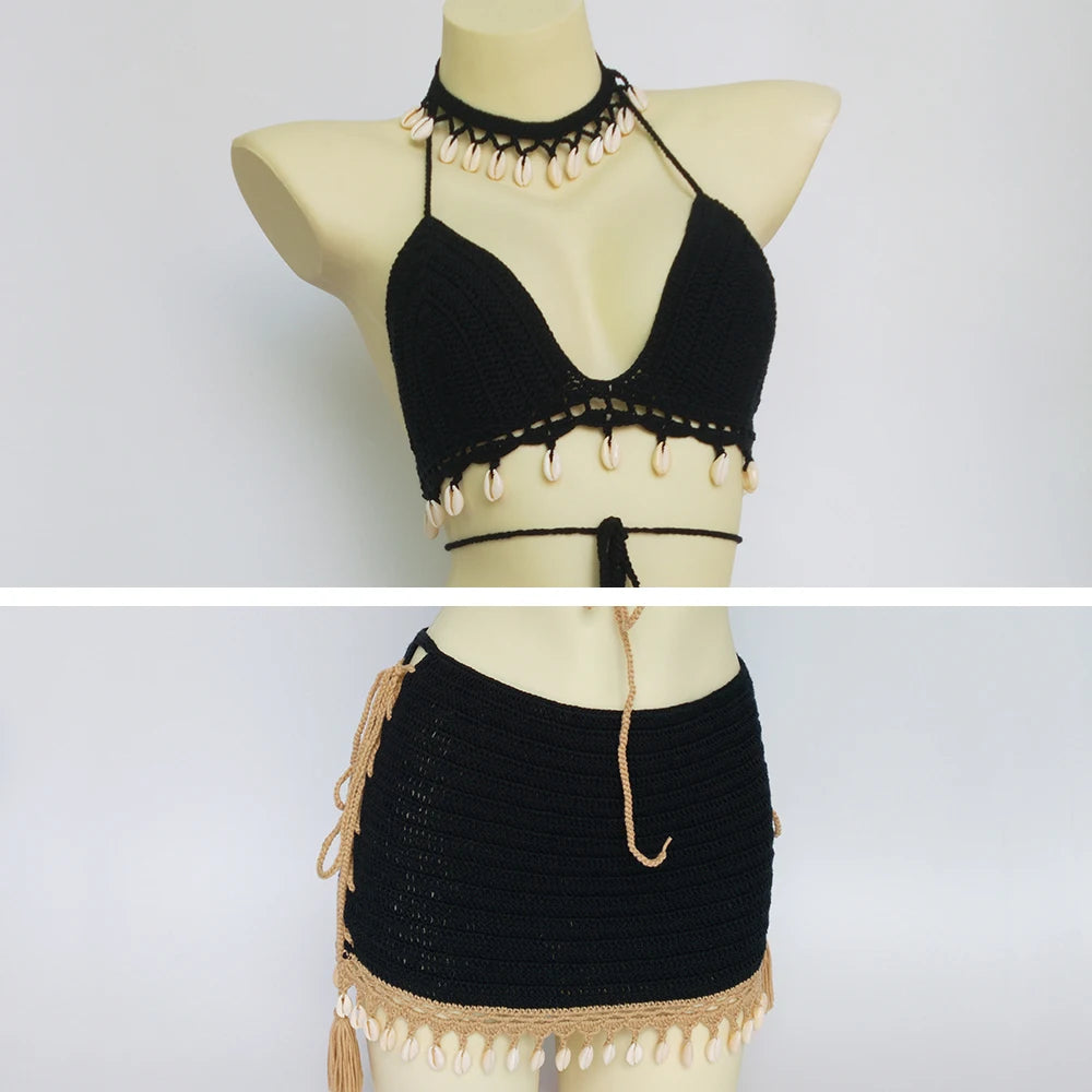 3pcs Bikini Set Woman Crochet Shell Tassel Bikini Top And Seashell Ankle Chain Sexy Beach Skirt Lace See Through Slim Mini Skirt Black