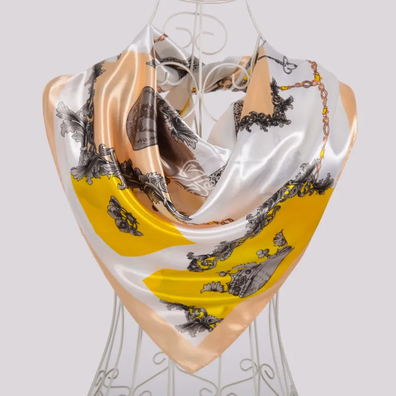 Ladies Green Coffee Square Scarves Printed Women Elegant Satin Large Silk Scarf Shawl 90*90cm Winter Neck Head Scarf beige white